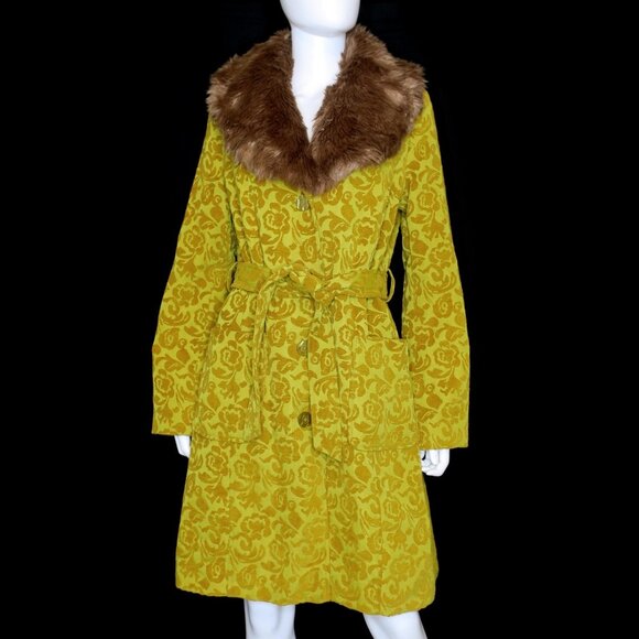 Y2K Merona Brocade Jacquard Damask Gold Coat Faux Fur Collar Penny Lane Tapestry - Picture 3 of 10